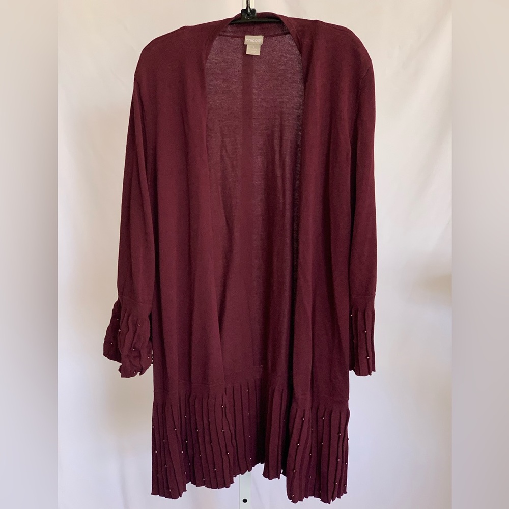 CHICO’S (Size 3) Burgundy Cardigan with Pearl Accents